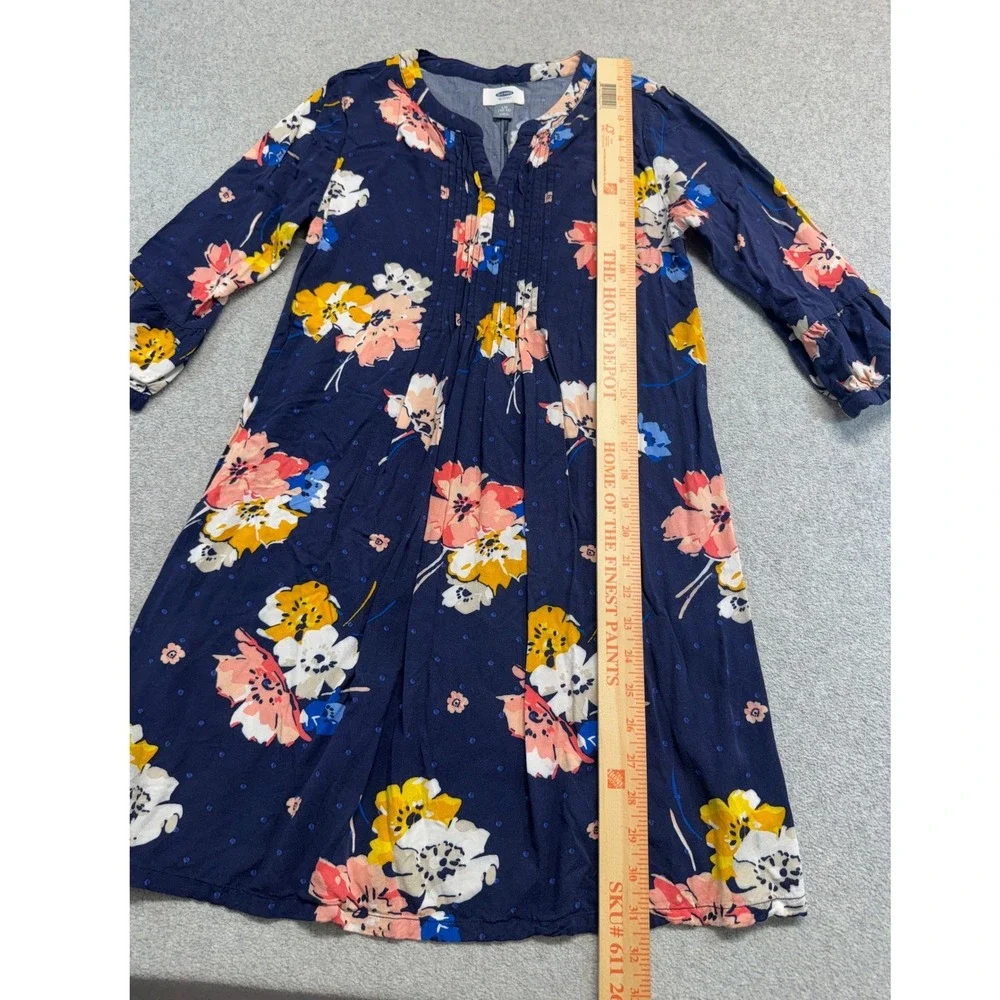 Old Navy Girls 10-12 L Navy Floral Pintuck Dress 3/4 Sleeve Flowy Casual School